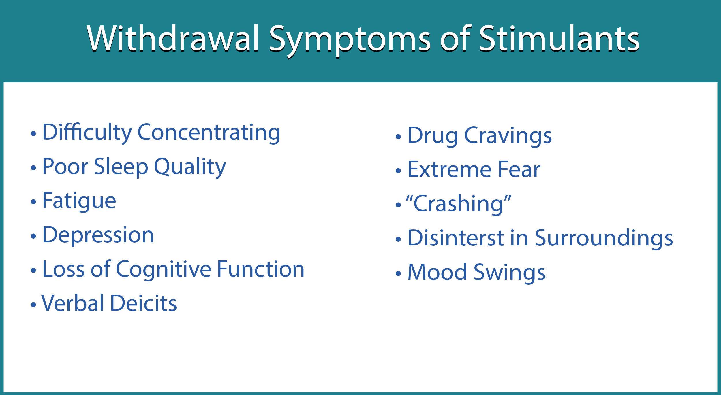 Stimulant withdrawal effects include: difficulty breathing, depression, crashing, mood swings, etc.